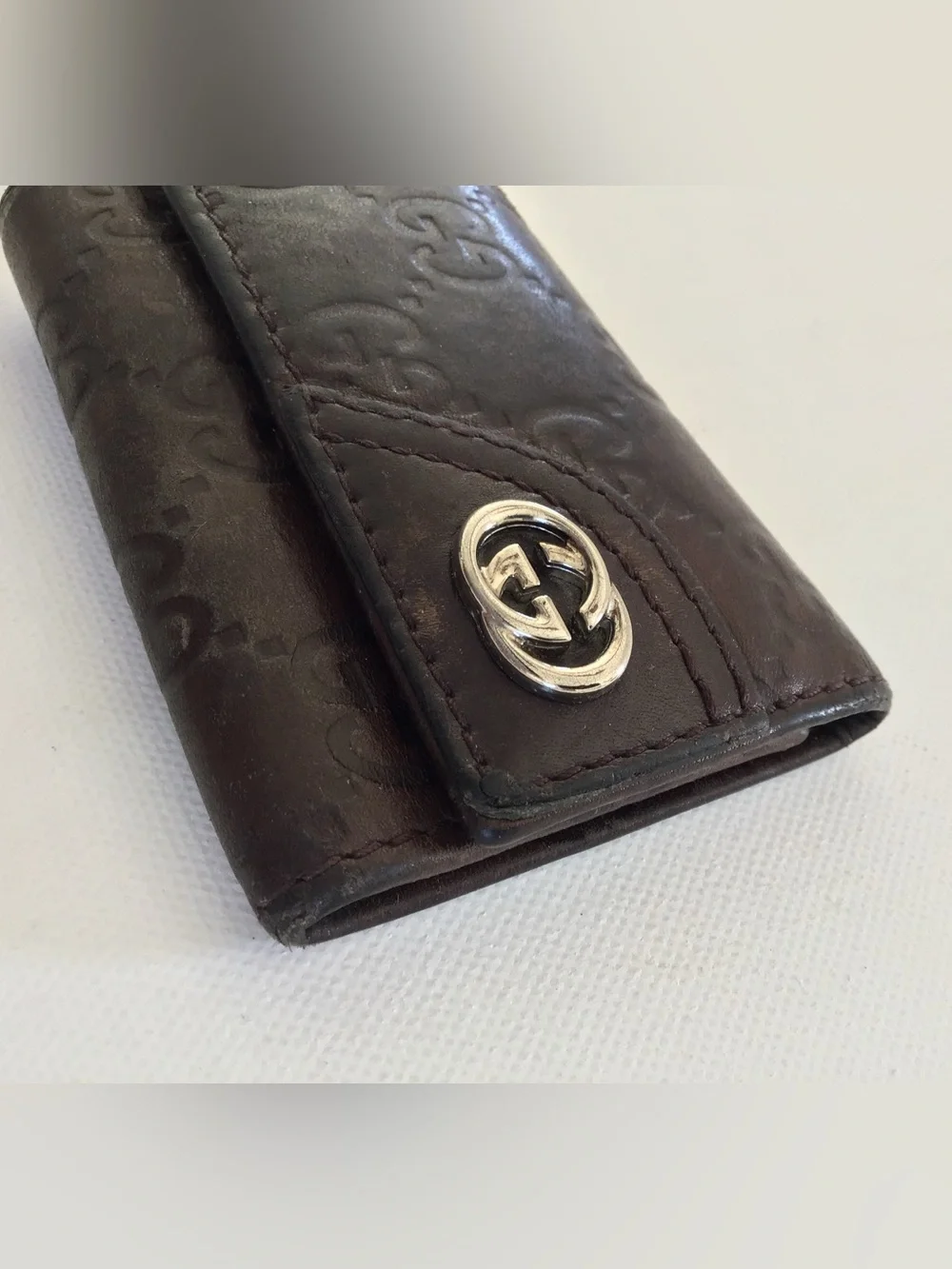 Gucci Guccissima Leather 6 Ring Key Case Brown GG Monogram Silver Logo Italy